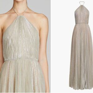 Halston Marisol Metallic Pleated Halter Holiday Evening Gown Pewter 2